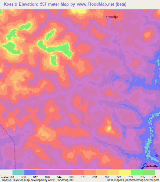 Kossio,Central African Republic Elevation Map