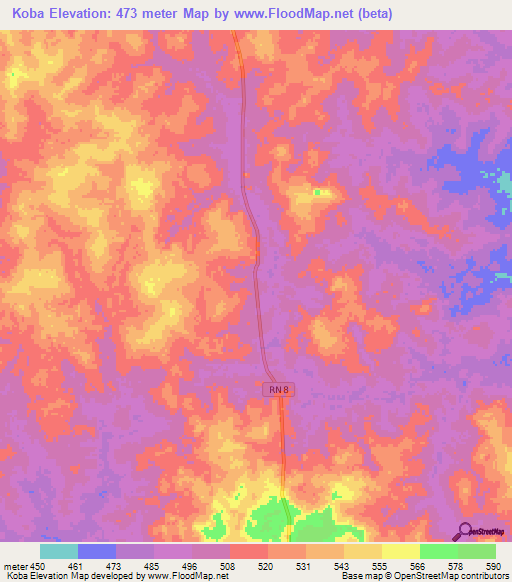Koba,Central African Republic Elevation Map