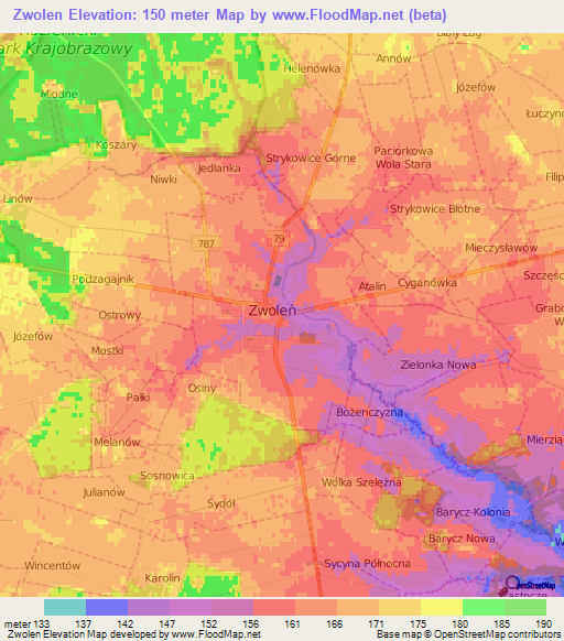 Zwolen,Poland Elevation Map