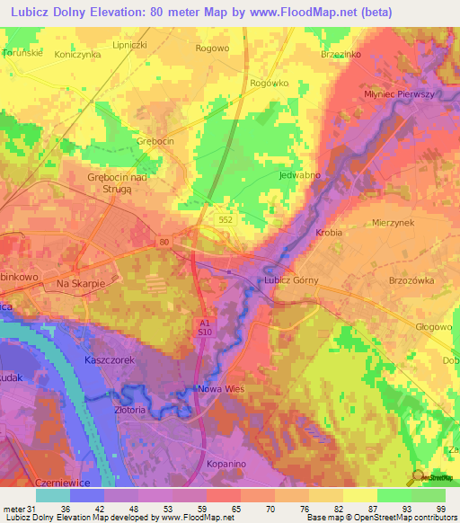 Lubicz Dolny,Poland Elevation Map