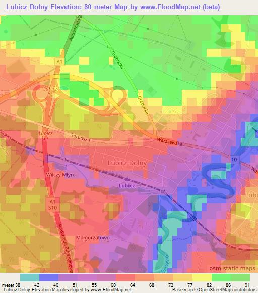 Lubicz Dolny,Poland Elevation Map