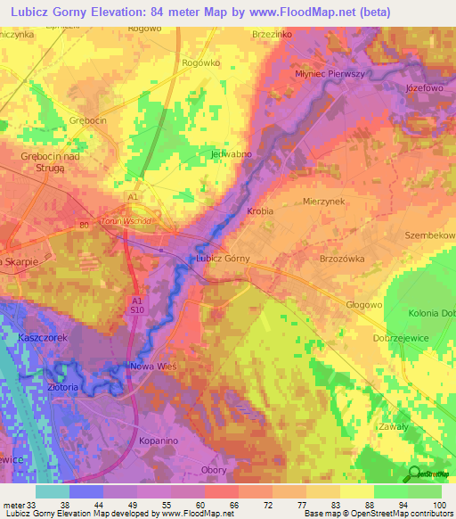 Lubicz Gorny,Poland Elevation Map