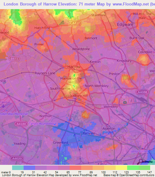 London Borough of Harrow,UK Elevation Map