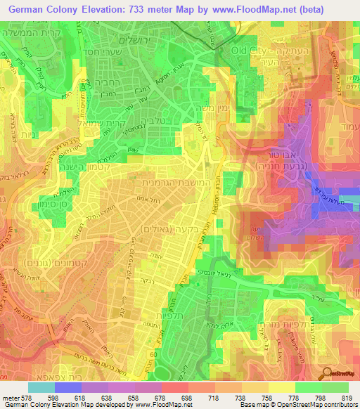 German Colony,Israel Elevation Map
