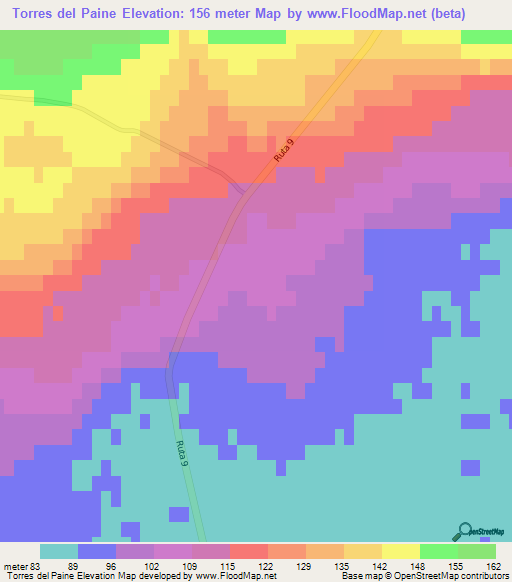 Torres del Paine,Chile Elevation Map