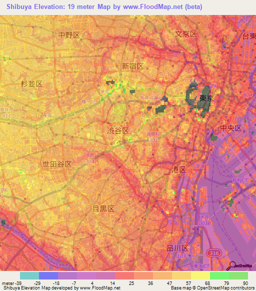 Shibuya,Japan Elevation Map