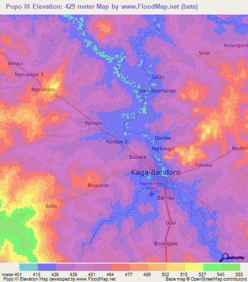 Popo III,Central African Republic Elevation Map