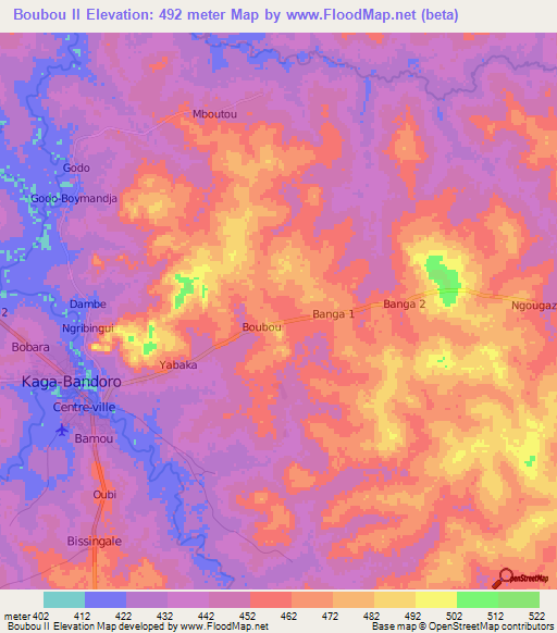 Boubou II,Central African Republic Elevation Map