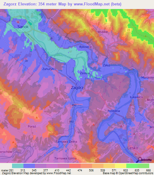Zagorz,Poland Elevation Map