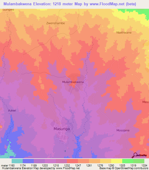 Mulambakwena,Botswana Elevation Map