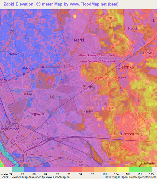 Zabki,Poland Elevation Map