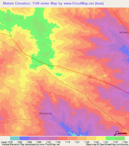 Makale,Botswana Elevation Map