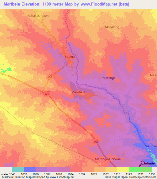 Marlbela,Botswana Elevation Map