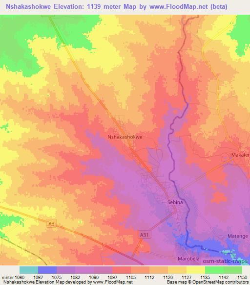 Nshakashokwe,Botswana Elevation Map