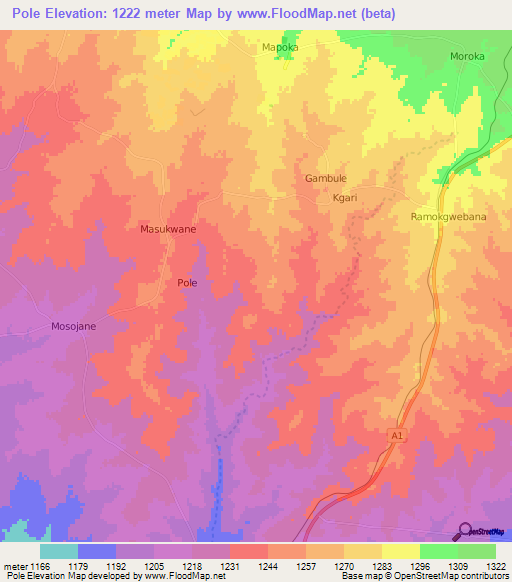 Pole,Botswana Elevation Map