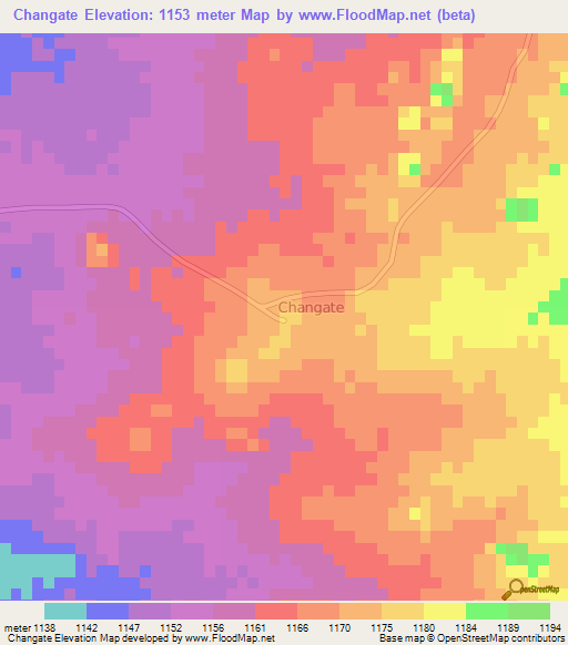 Changate,Botswana Elevation Map