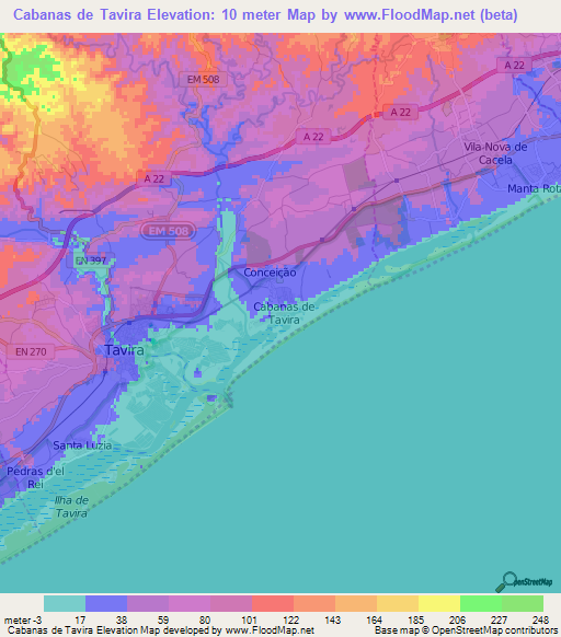 Cabanas de Tavira,Portugal Elevation Map
