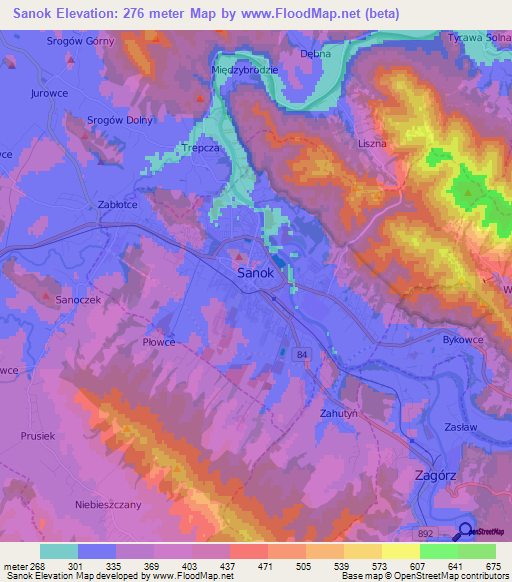Sanok,Poland Elevation Map