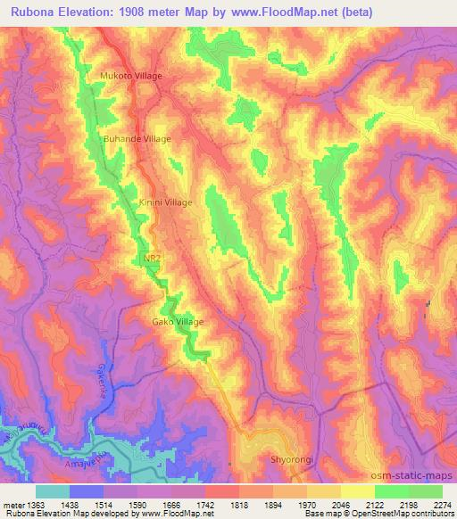 Rubona,Rwanda Elevation Map