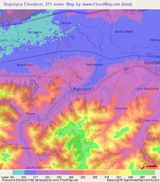 Ropczyce,Poland Elevation Map