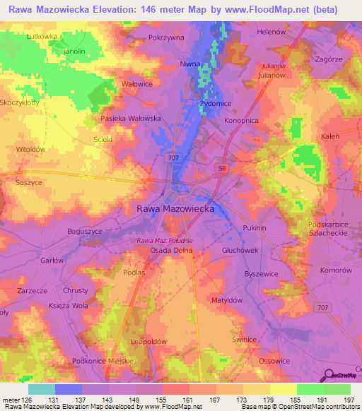 Rawa Mazowiecka,Poland Elevation Map