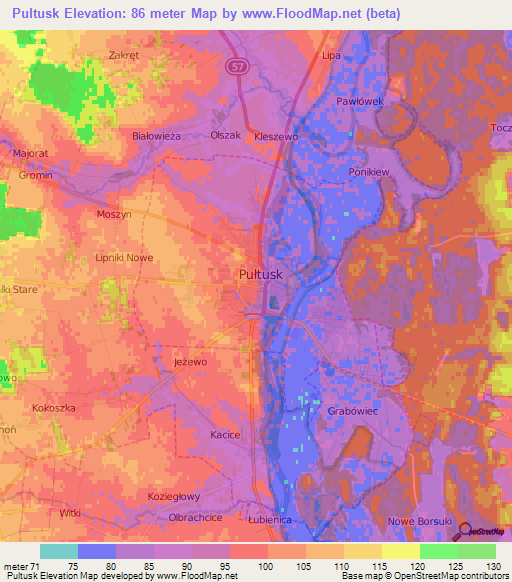 Pultusk,Poland Elevation Map