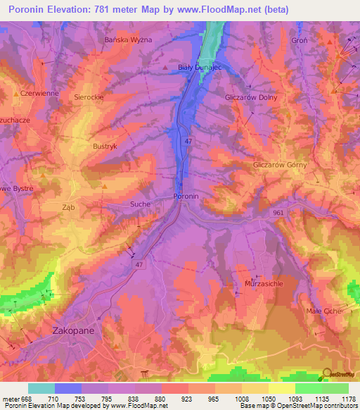 Poronin,Poland Elevation Map