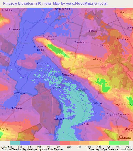 Pinczow,Poland Elevation Map