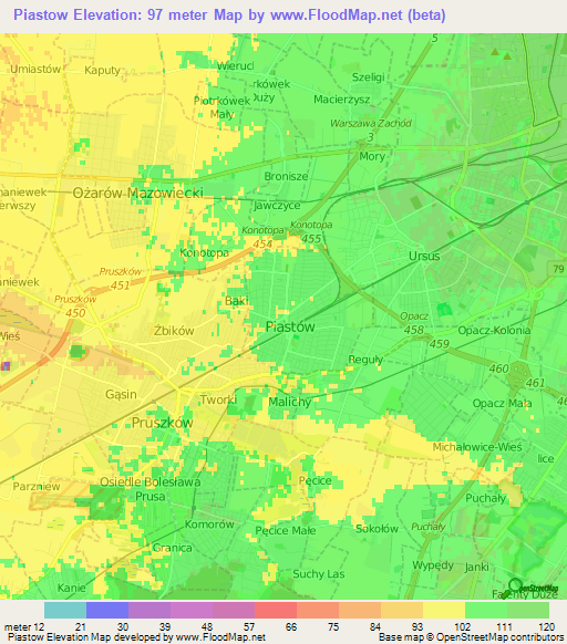 Piastow,Poland Elevation Map