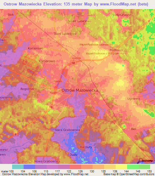 Ostrow Mazowiecka,Poland Elevation Map