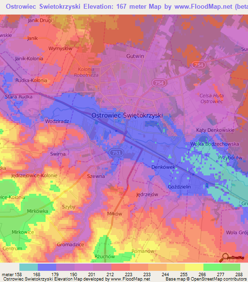 Ostrowiec Swietokrzyski,Poland Elevation Map