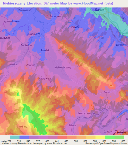 Niebieszczany,Poland Elevation Map