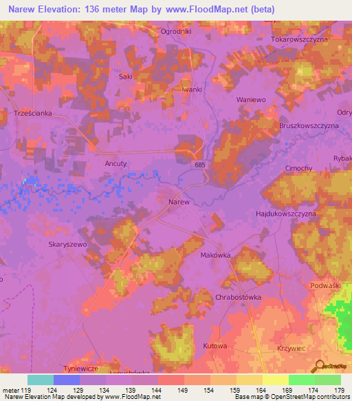 Narew,Poland Elevation Map