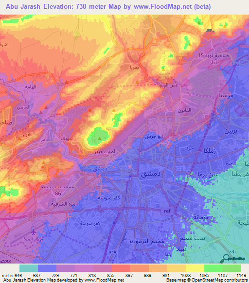 Abu Jarash,Syria Elevation Map