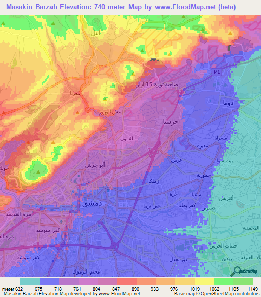 Masakin Barzah,Syria Elevation Map