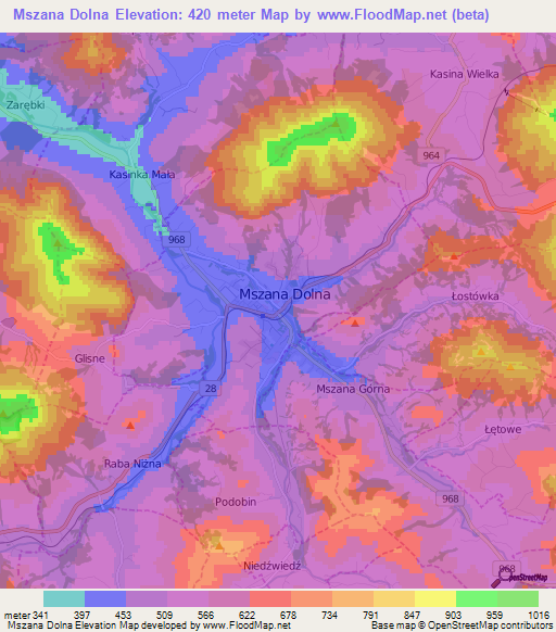 Mszana Dolna,Poland Elevation Map