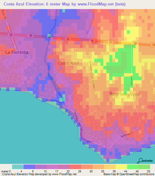 Costa Azul,Uruguay Elevation Map