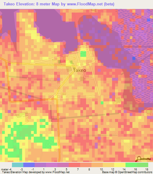 Takeo,Cambodia Elevation Map