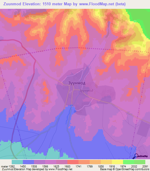 Zuunmod,Mongolia Elevation Map