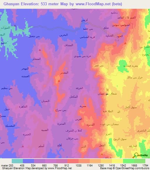Ghasyan,Yemen Elevation Map