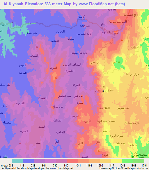 Al Kiyanah,Yemen Elevation Map
