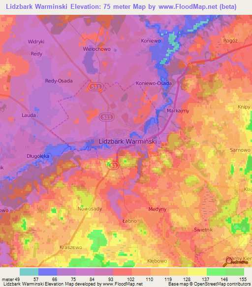 Lidzbark Warminski,Poland Elevation Map