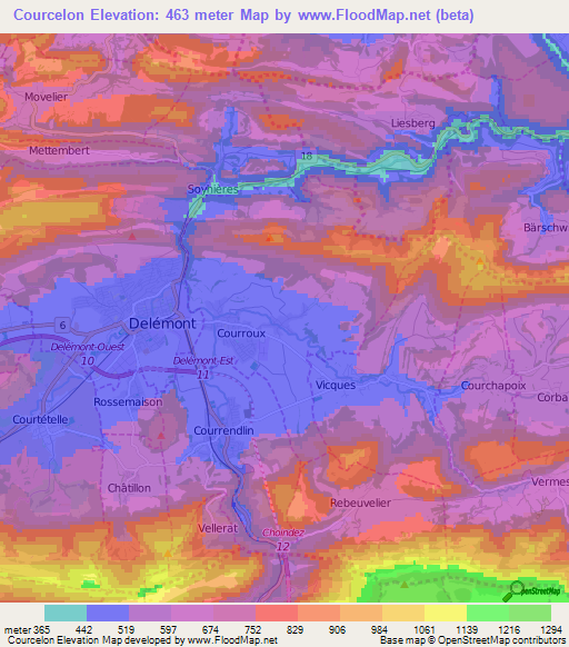Courcelon,Switzerland Elevation Map