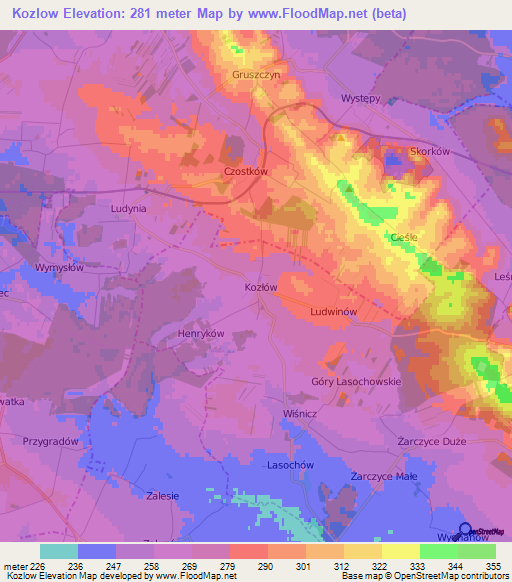 Kozlow,Poland Elevation Map