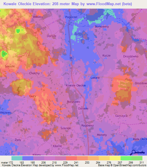 Kowale Oleckie,Poland Elevation Map