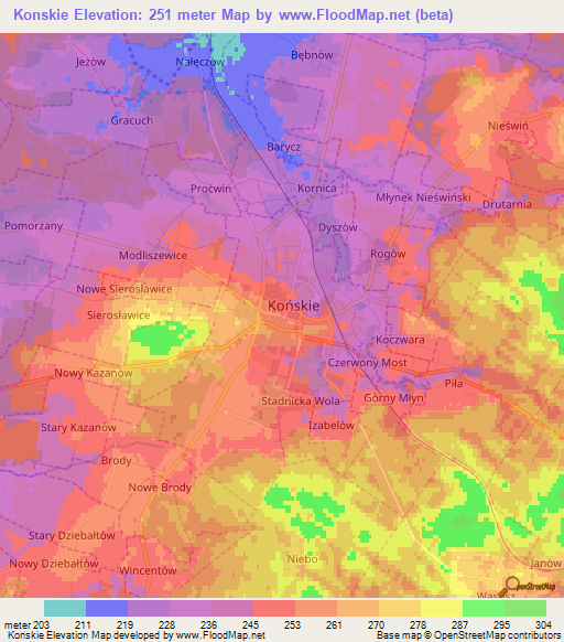 Konskie,Poland Elevation Map