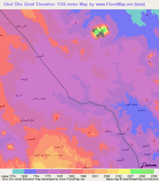 Ghul Dhu Qinaf,Yemen Elevation Map