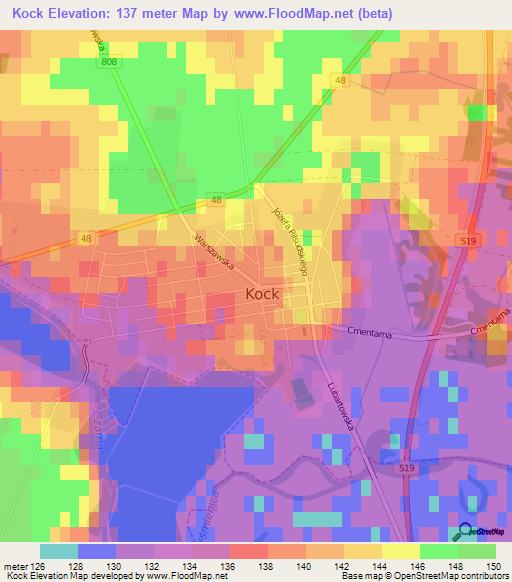 Kock,Poland Elevation Map