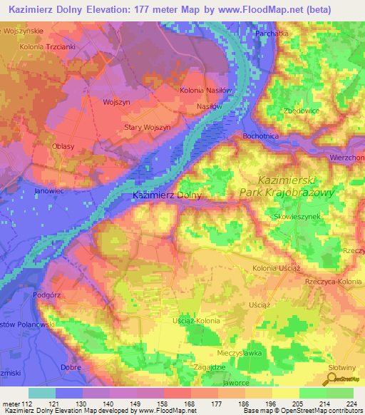 Kazimierz Dolny,Poland Elevation Map