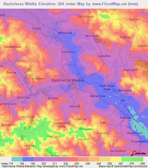 Kazimierza Wielka,Poland Elevation Map